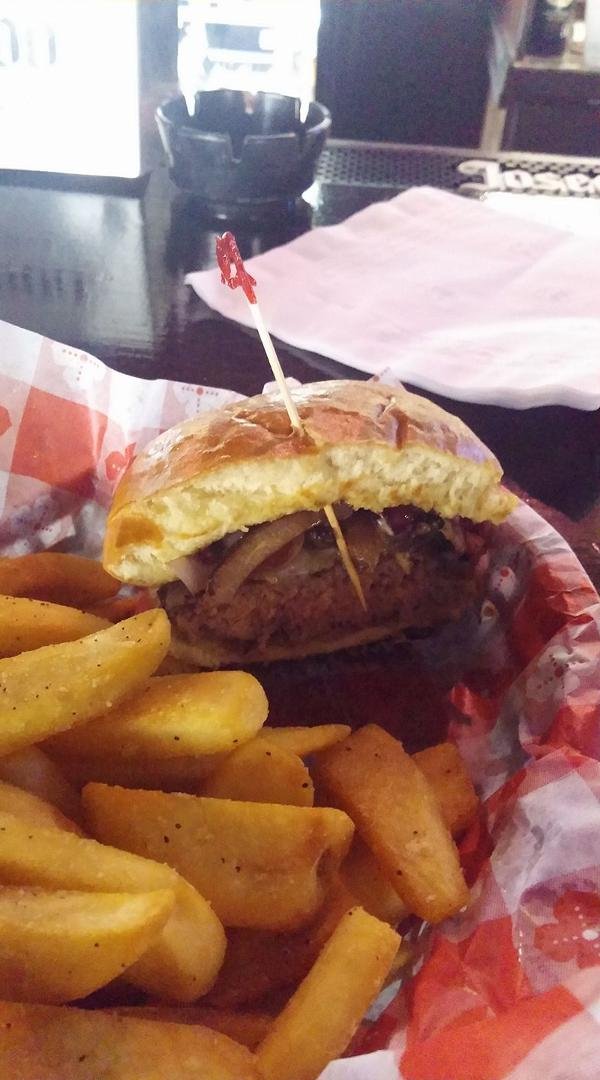 Mushroom Swiss with grilled onions and jalapeños with a side of steak fries.