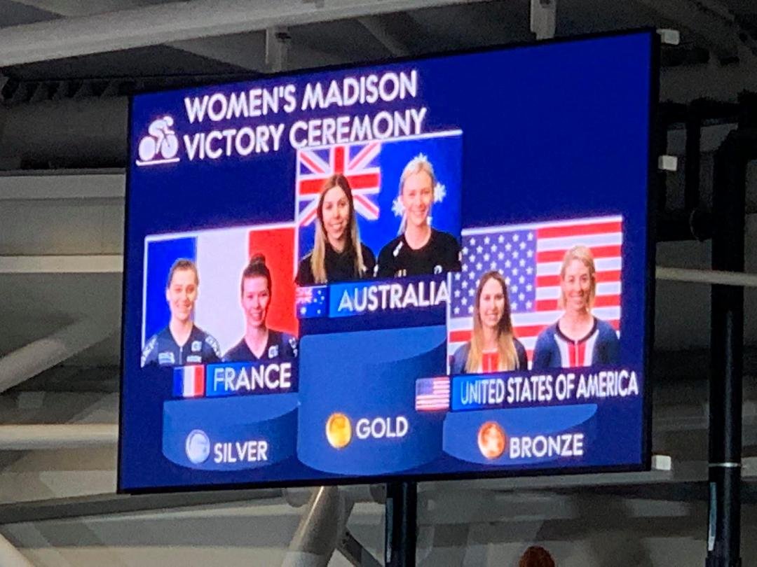Christina and Kendall raced the Madison in Brisbane World Cup 5 and took a bronze medal with a stellar ride against the best in the world. Very proud of her. It was her fourth race in two days and she really had to dig deep.