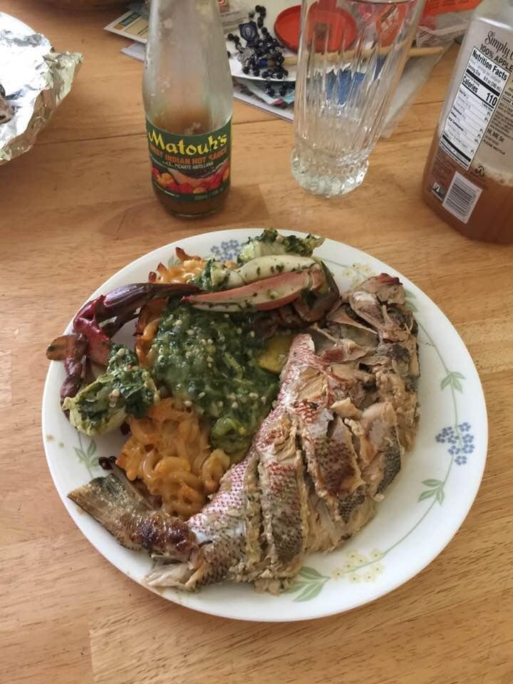 Dinner anyone? Coo Coo, Callaloo with Crab, Macaroni Pie and Red Snapper. Don’t look for that in a long time again. Lol.