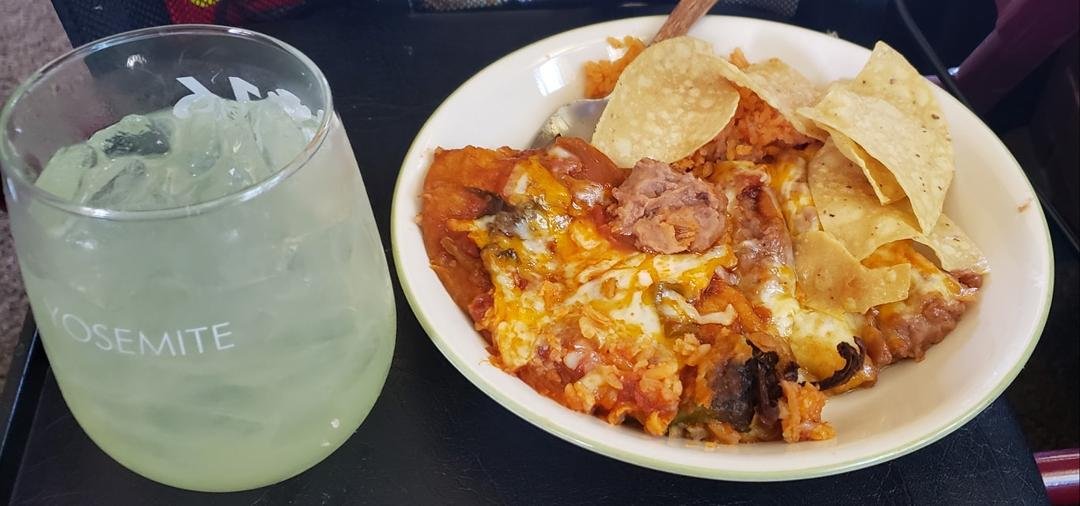 My birthday dinner, Anita's Chili Relleno plate. It was prettier before I scooped it into the bowl. Just can't eat out of the aluminum to-go container. And oh, that Margarita was sooo good! 😁