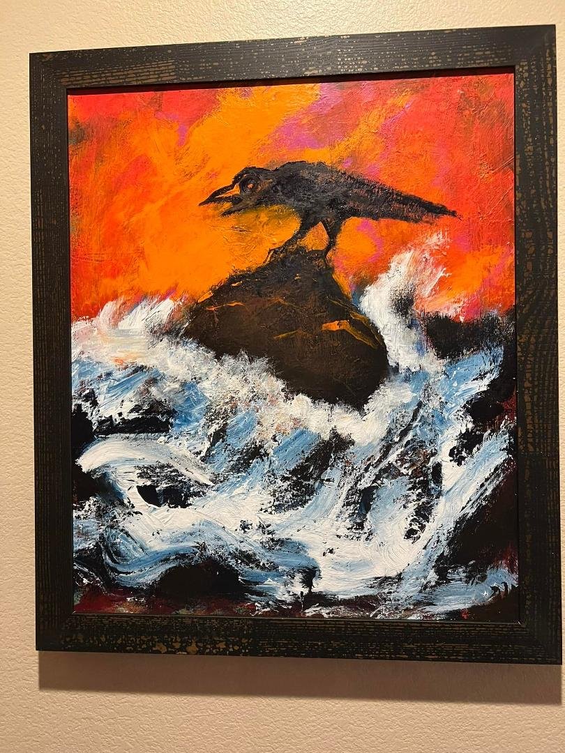 We've been framing and hanging paintings from our collection . This one is a raven by James F Johnston, a great artist and musician . He's currently on tour as part of PJ Harvey's band. This painting reminds me of our good