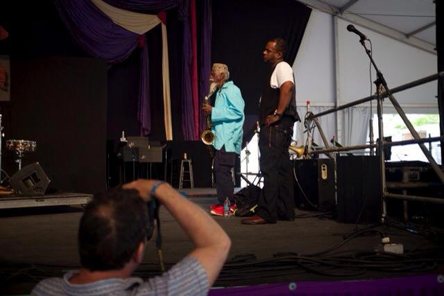 Pharoah Sanders taking the stage at Jazz Fest last week.