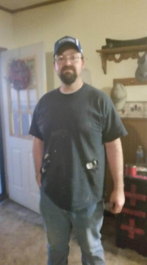 Candi J. Cain Denton here is a recent pic I have of our son he just got off work that day.