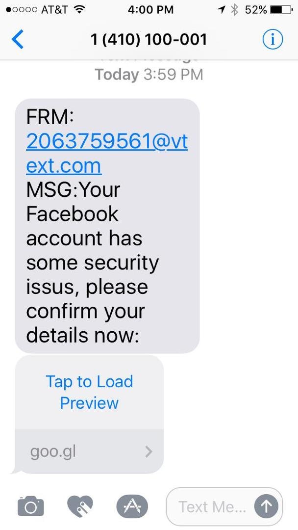 FYI: just got this text. Sending it to Facebook to verify. I'm not convinced it's real. Anyone else get this?