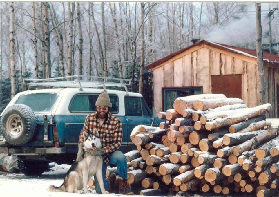 My first sled dog in 1980
Half Malemute/Half Mackenzie River Husky
14x16 cabin and my 78 Intl Scout - heated with wood.