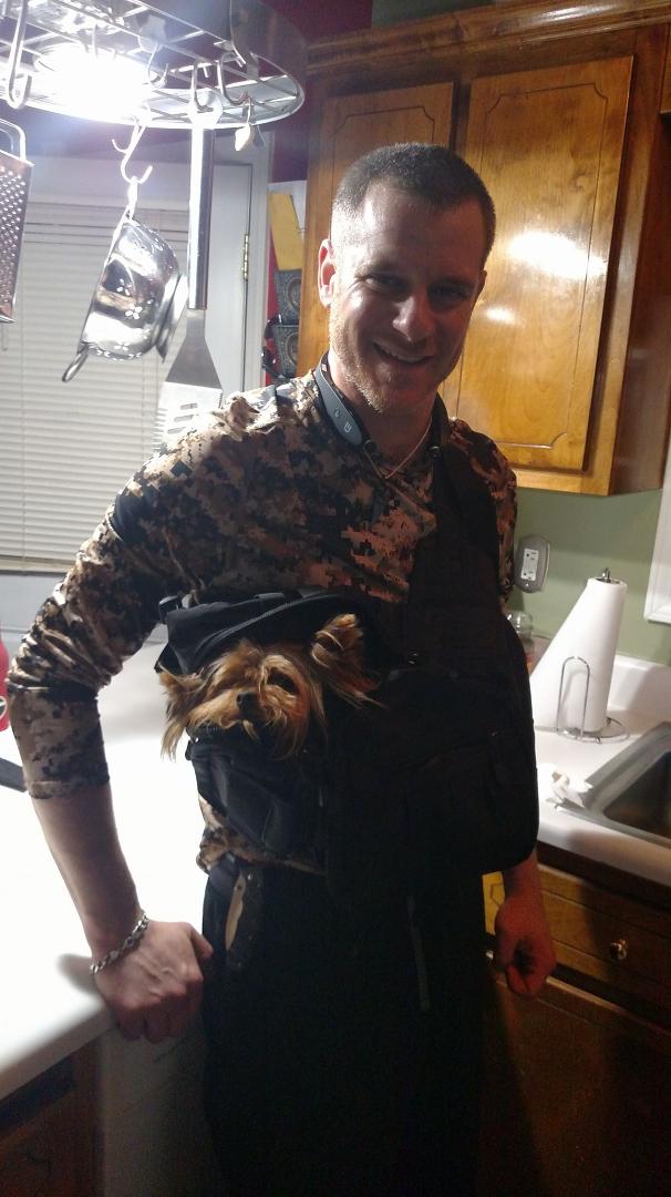 Our Yorkie, Chloe, after her shower. Oh and Ken my son too