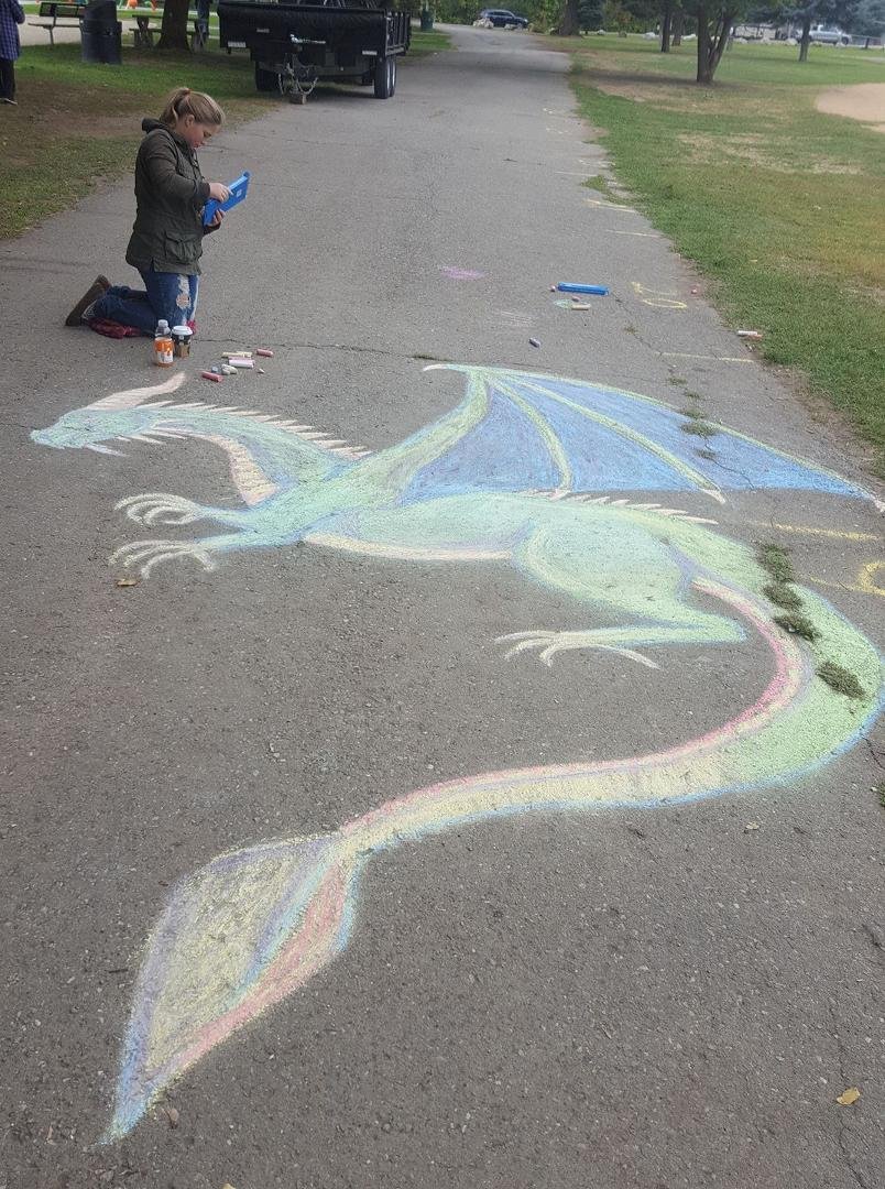 Chalk drawing at the oval during the walk roll run event this morning
