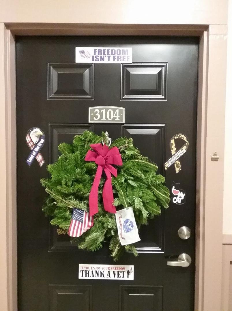 Last week, I donated a couple of wreaths to Wreaths Across America. Yesterday, FedEx delivered this to me, adorned with red bow, America flag, & Army flag. BEAUITFUL!! Thank you to all that have donated also.