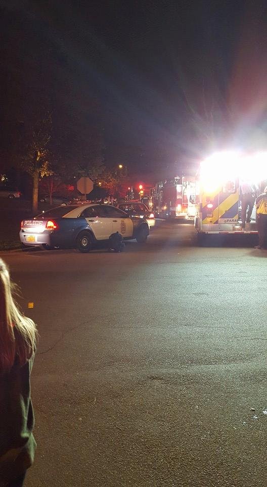 Came home to this on my street. 2 fire engines, 1 ambulance, 7 police cars. Put one in ambulance. Tried to walk home but police with guns drawn told me to go back. Waiting with Emma to get back home.