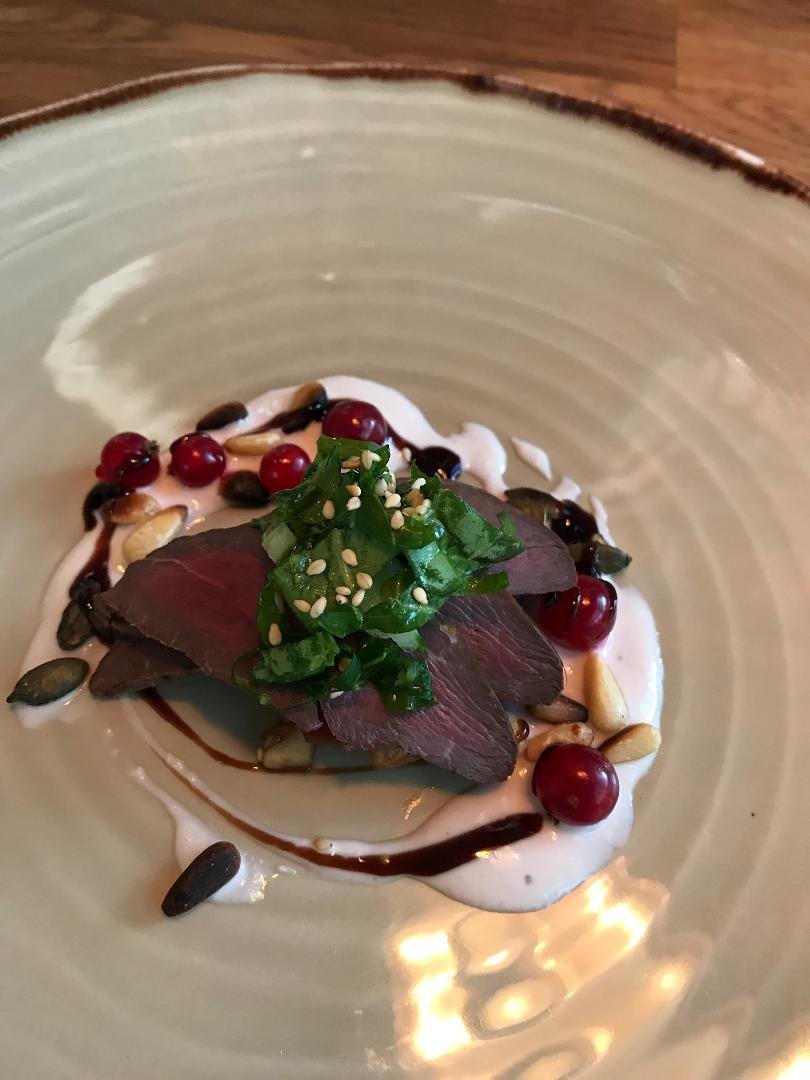 Beautiful duck breast appetizer with a fusion of wonderful flavors from Resto - a treat from the Chef. Yummm!!!