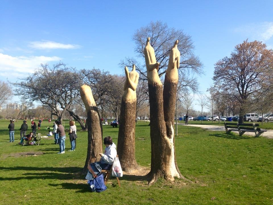 Tree sculpture in the park by Jake's soccer game. By Lake Michigan.