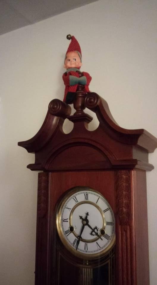 Perhaps the original "Elf on the Shelf", circa 1960. 56 years later, he's perched on top of my clock.