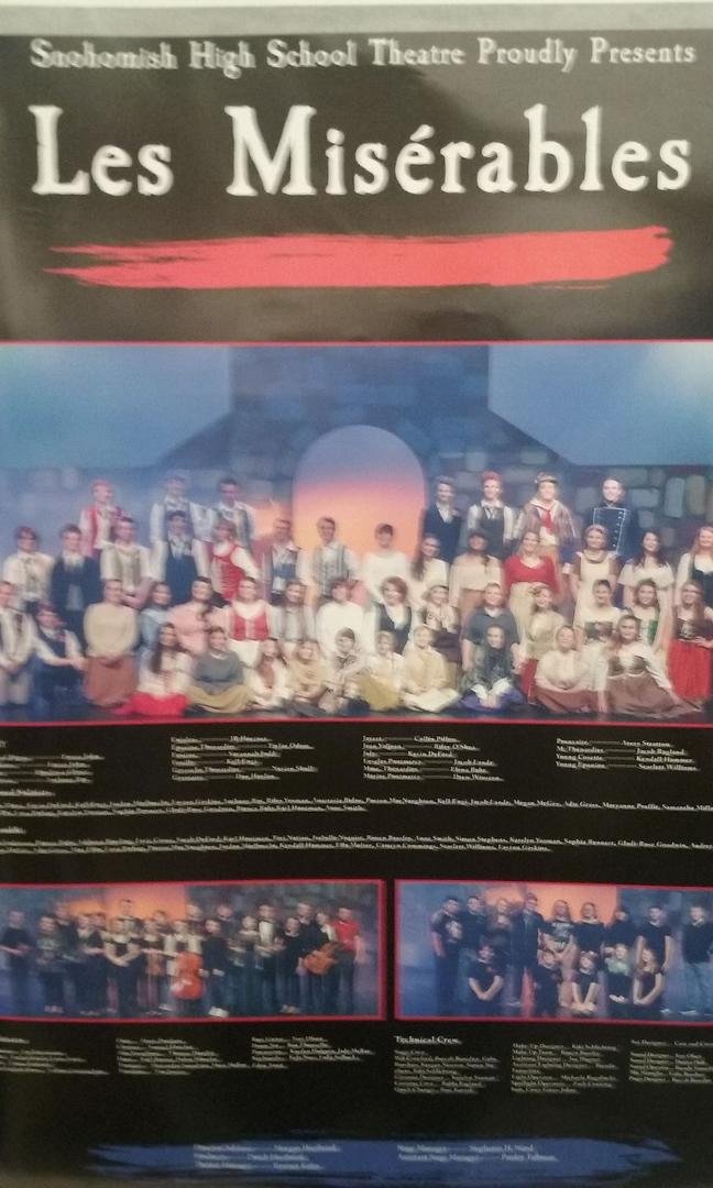 Torie and I watching Avery in Snohomish High School's production of Les Miserables.