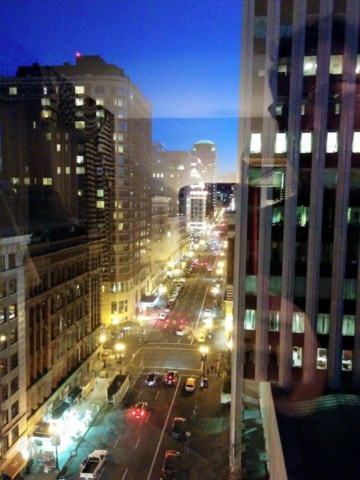 The view from the 10th floor of the Benson Hotel downtown Portland. Perfect weather for a night out.