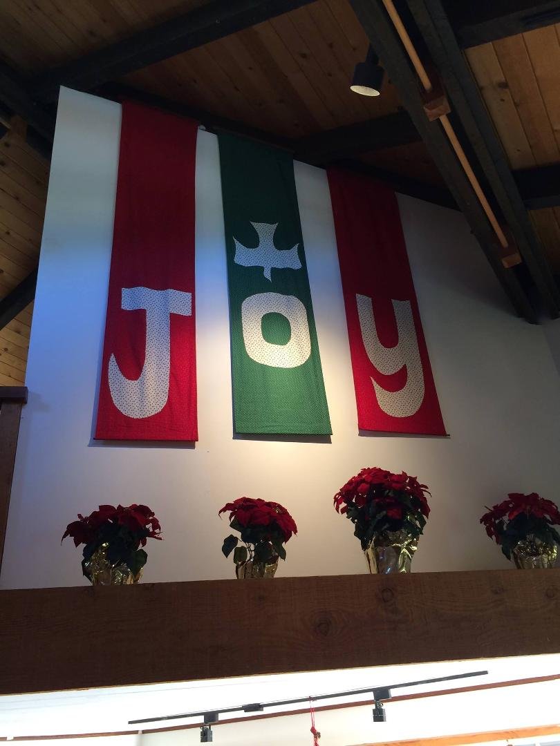 The joy banners are up for the first time in 5 years!! Thank you grandson Travis