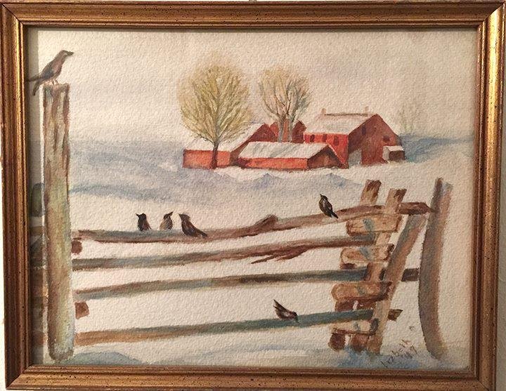 This is one of only a few watercolors of the same scene done by my mother's mother (Jenny E. Gjertsen). I don't know where any of the others are. My parents gave us this one that I remember as hanging on the wall of their b