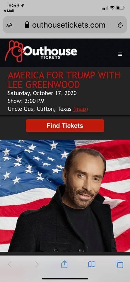 I am so excited I just bought 2 VIP tickets to this event. I will wear my mask but to see Lee Greenwood sing in person my fav song “I Am Proud To Be An American” and Trump event. Can’t wait. I need to feel normal again.