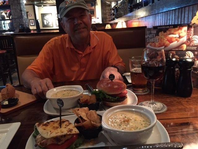 Another Longhorn Steakhouse photo; what can I say, our son's sweetheart gave us a gift card last Christmas. 8 June lunch was marking our 33rd anniversary; I had the Yuengling draft and she had the Merlot. And she bought t