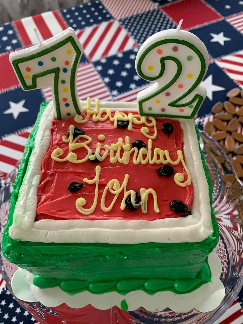 Making John’s birthday dinner: ribs, corn on the cob, salad with tomatoes from our own garden. Well, not the gardens we had in RI, more Ike some potted tomato plants in this heat! Lowe’s watermelon birthday cake and ice cr