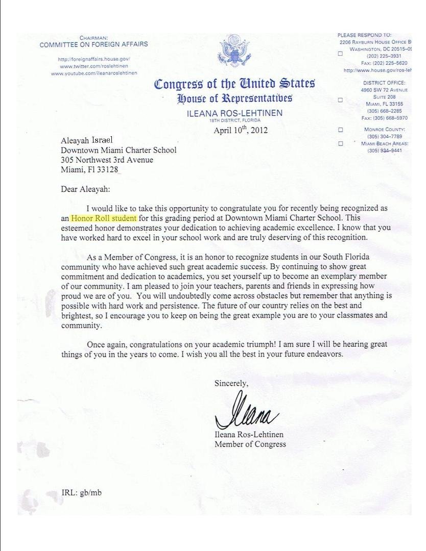 Letter from Congress of the United States House of Representatives Ileana Ros-Lehtinen