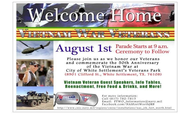Please spread the word:
Texas “Welcome Home Vietnam War Veterans“ Celebration on August 1, 2015
A celebration of the 50th Anniversary of the end of the Vietnam War is being held at City of White Settlement’s Veterans Park