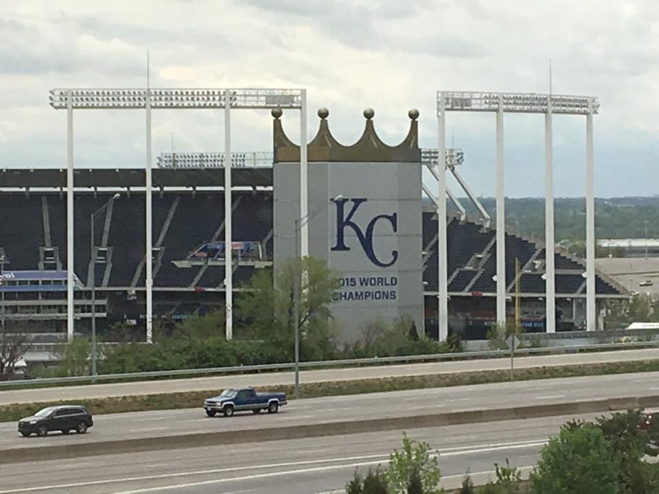 At the Drury Inn across the freeway from Kaufman stadium. Going to watch the Kansas City Royals play Detroit tonight.