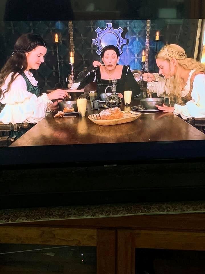 Sarah and I watching Ever After. Have you seen this movie? We paused it to talk. BEST PAUSE POINT EVER! Jacqueline (left) knows what’s coming - The Baronesss (middle) thinks she is now in line to be the princess’s mother in