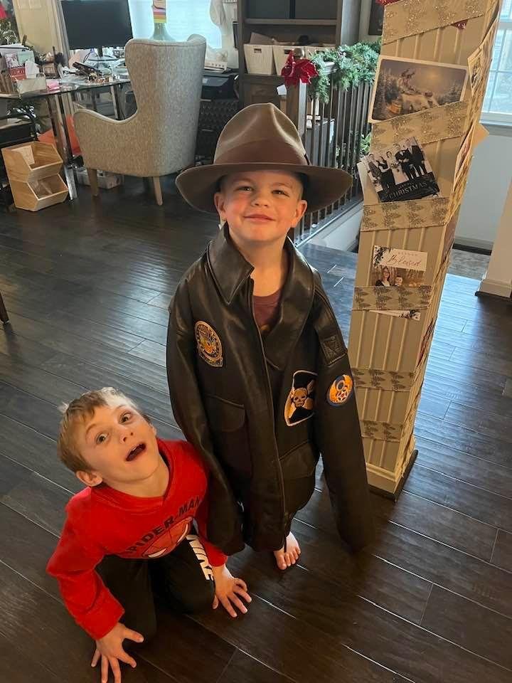 Ok, Ken Klobus, the theme is joy, two of my grandsons.  One sporting my hat, and a replica of my dad’s World War II bomber jacket. Challenge now goes to fellow classmate Tom Fenton.  BTW, that's Asher and Louie!