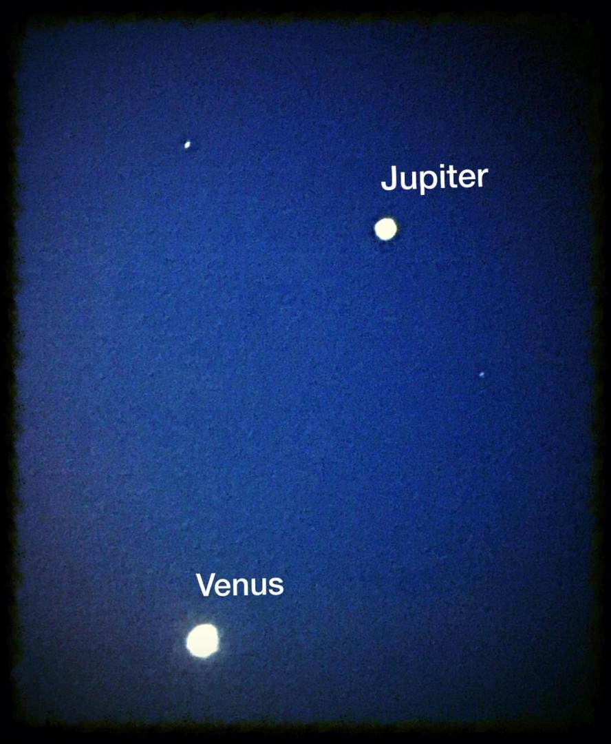 Snapped this pic of the conjunction of Venus and Jupiter also known as the Star of Bethlehem. Not far to their upper left, appearing much fainter, is Regulus, the alpha star in the constellation Leo. If you missed it, you