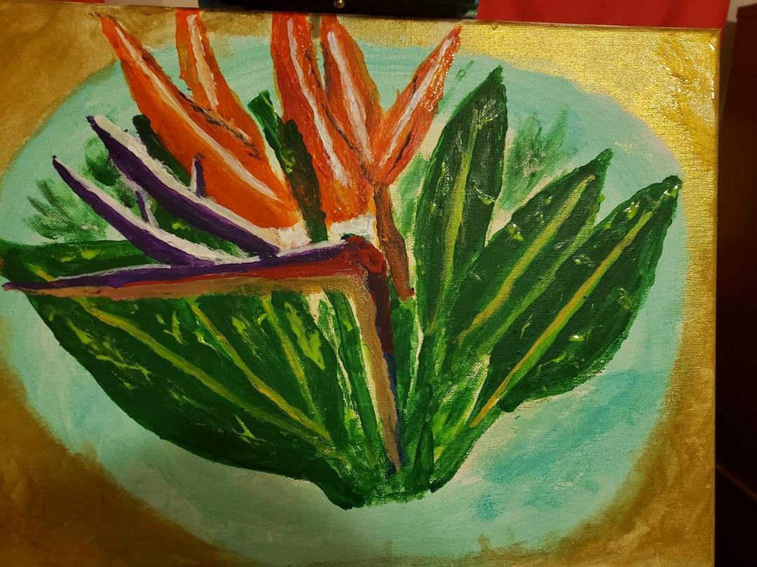 Working on that bird of paradise canvas. Still have touch up to do.