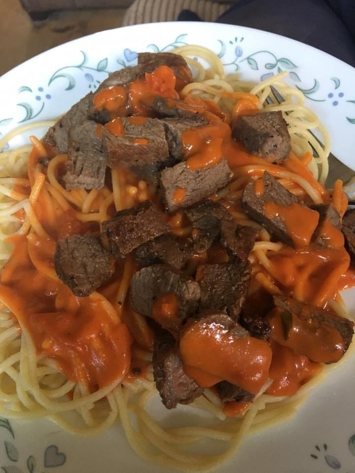 Spaghetti and angus sirloin steak with vodka blush sauce!