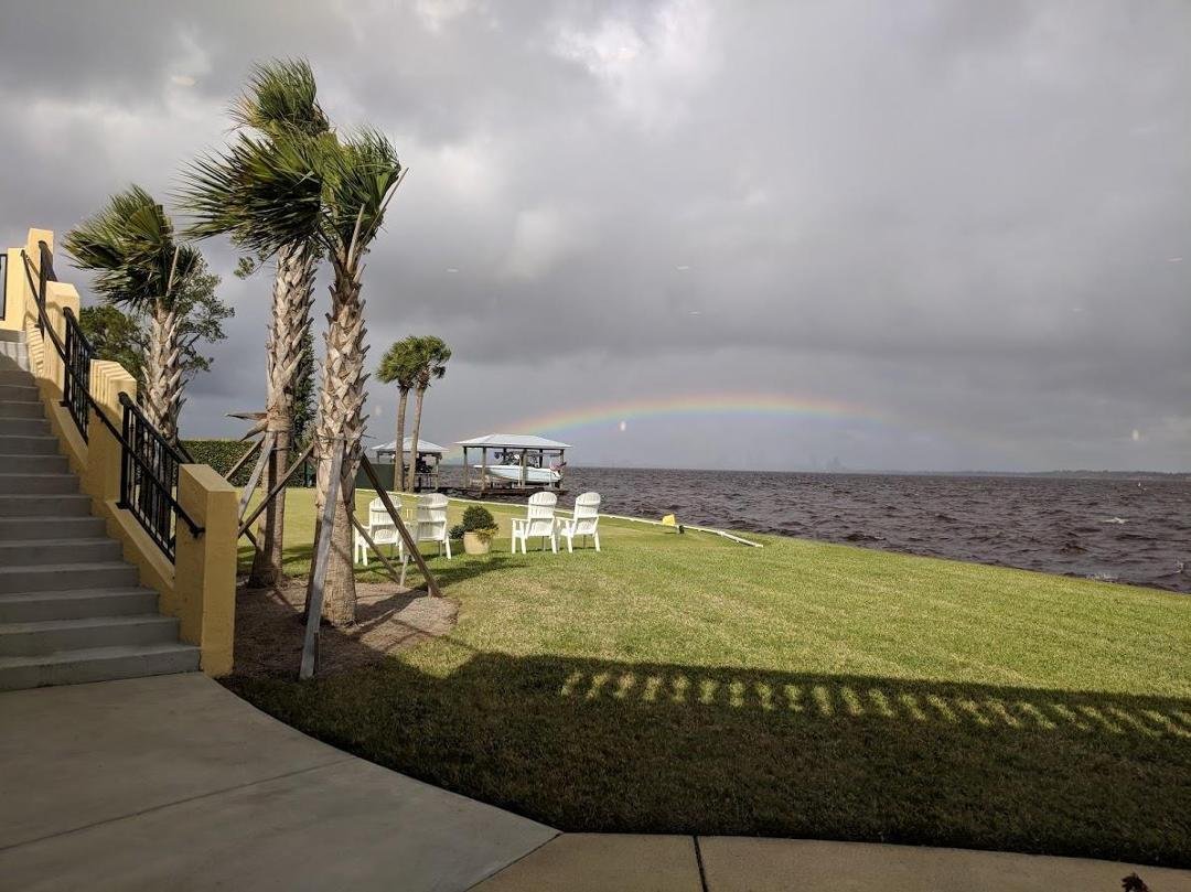 The weather today was suppose to be frightful, but the rainbow over the river was delightful!