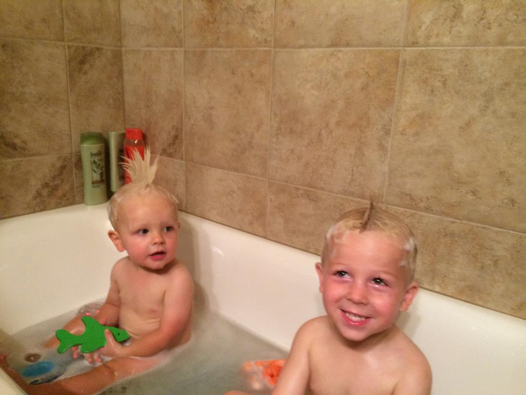 Luke is looking at his silly cousin Brody's hair! Haa haa!