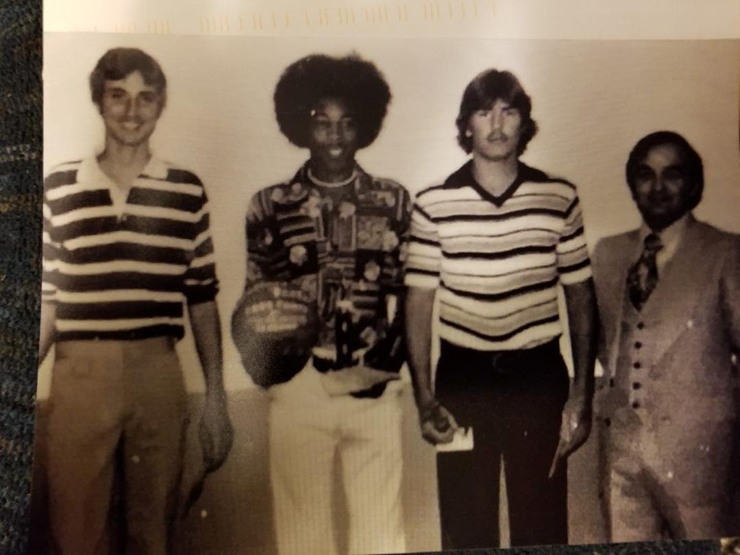 Myself, Wallace Foster, Tim Blake, and Coach Chuck Taylor. RU Awards Banquet 1976.
