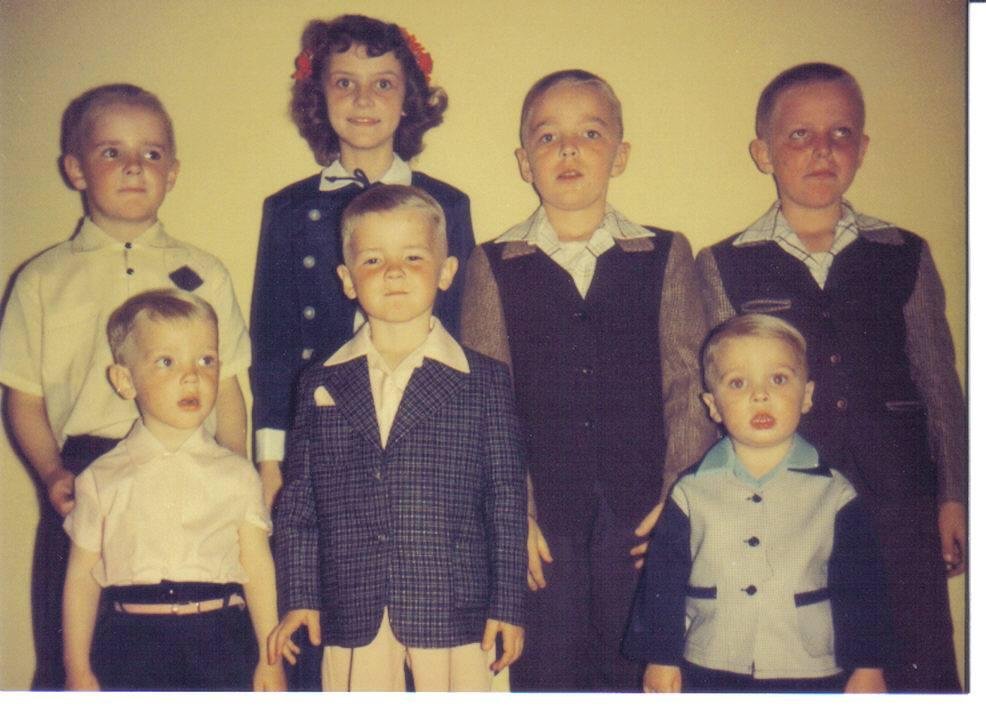 Another one for my cousins! After seeing Mike Lee's school pics posted here, thought you might like to see what his suit looked like in color. In the front row are Eric and Kim Yarman and John Lee. in the back row are Dick