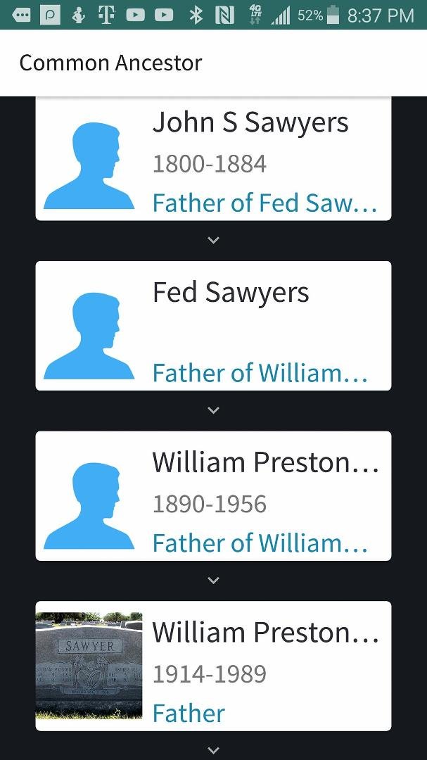 Donald Sawyer Sr. I was working in this on the laptop when we lost power and wifi. I had not noticed the final S on Sawyers ever - until you told me about Aunt Esther changing that. Anyhoo - me and the Sawyers are related
