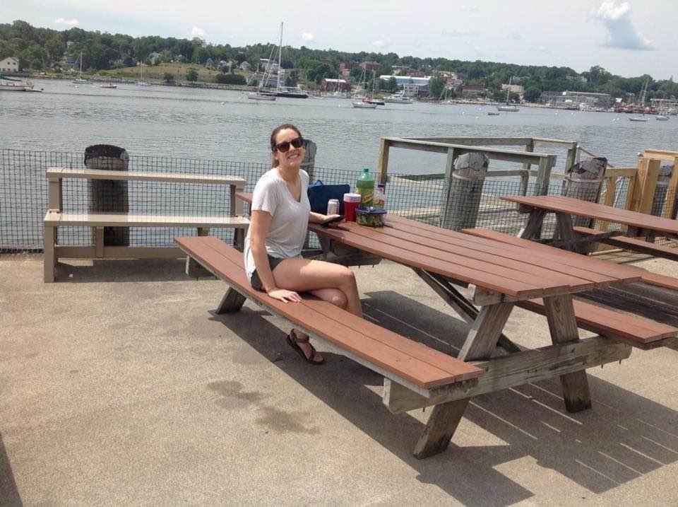 Kate waiting for her lobster roll @ Young,s in Belfast, Me.