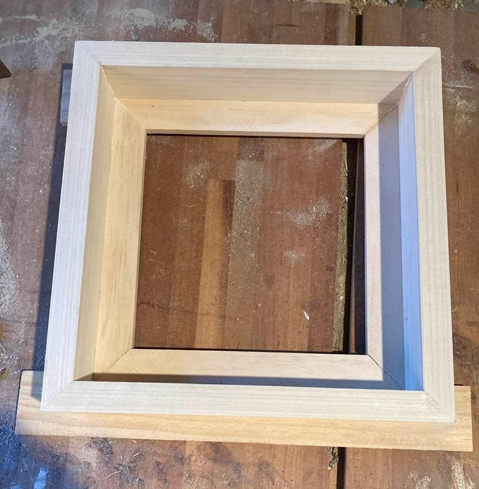 Making a floater wood frame for one of my paintings is a fun time for me. Old Mr. Bigler, our wood shop teacher at Woodward, would be proud of me (I hope). I have always enjoyed working with wood since I was a little boy m