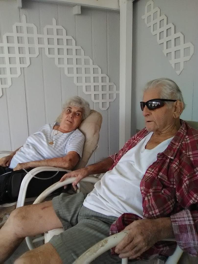 Dad on the patio and out of the house for the first time in about a month with JoAnn Ponzi