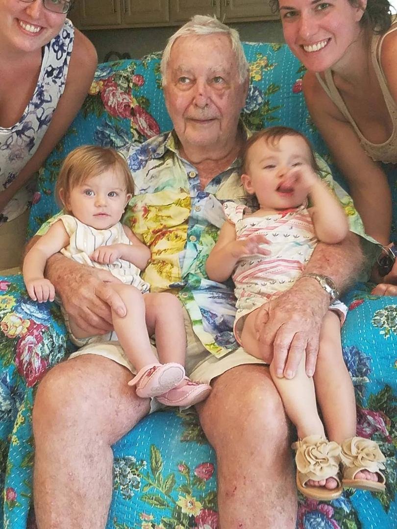 Great-Grandpa Ed with Alice and Adaline and their Mommies, Granddaughters Sarah and Alissa.