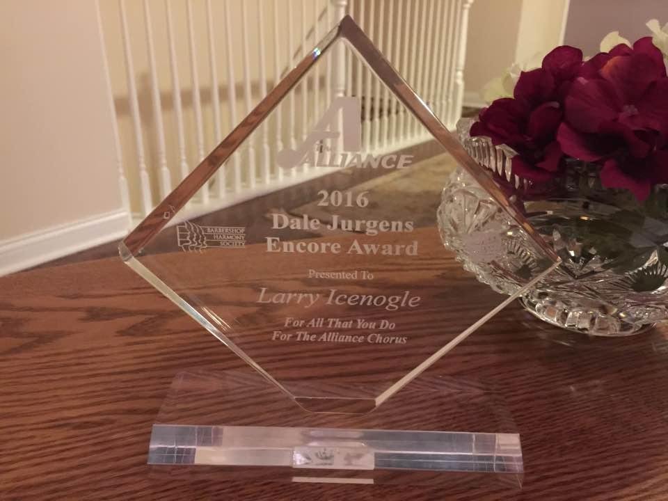 Tonight at the annual Alliance Chorus awards banquet, Larry received the Dale Jurgens Encore Award. The award was established to honor the memory of Dale Jurgens and acknowledges the unceasing contributions of the Alliance 
