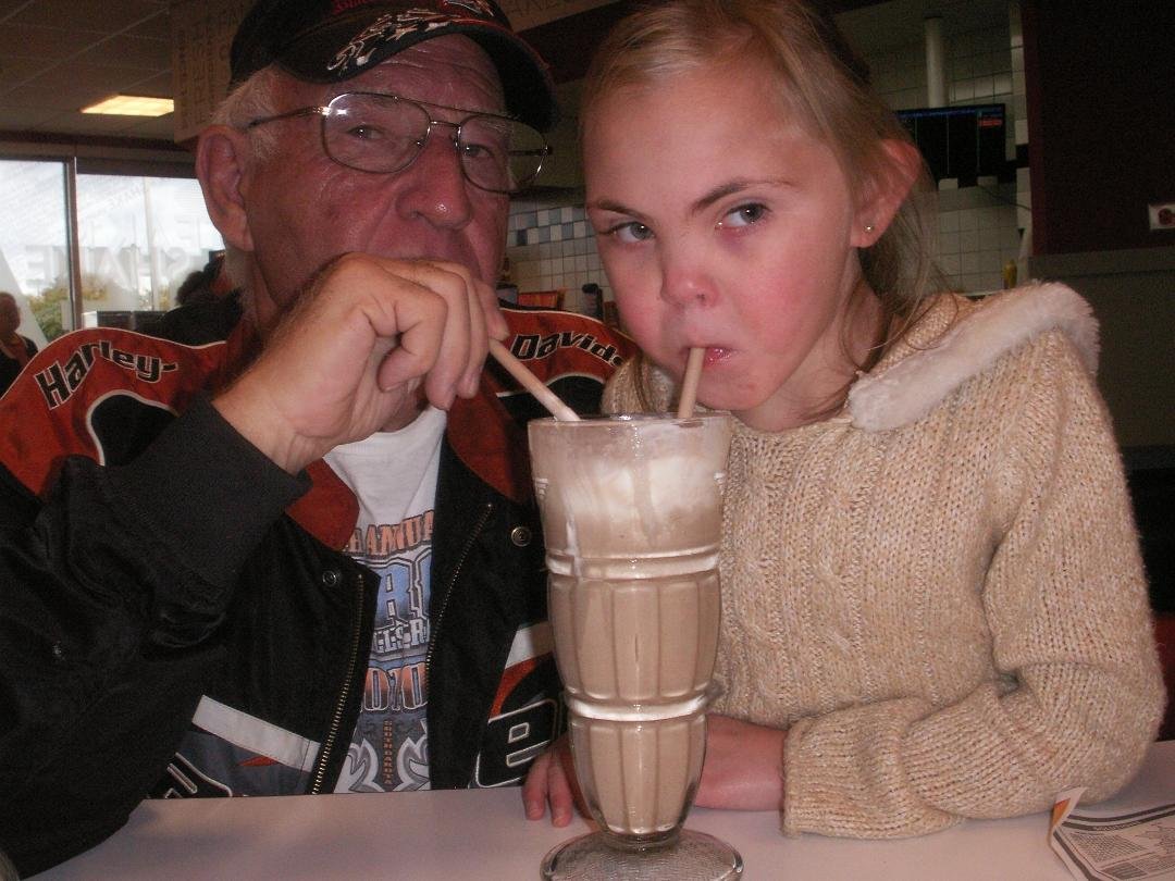 Grandpa Jerry and TeRina enjoy Jerry's Malt at Steak and Shake in Indiana