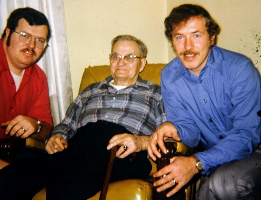 When I was a little girl the 3 men in this photo , Gramps in the middle and my 2 older brothers, they were the most important Male figures in my life, each one of them played a different role of course but each one of them