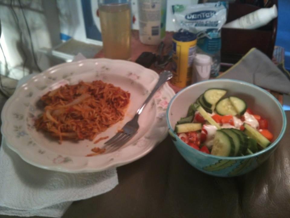 My dinner tonight!  Not the best day so I found spaghetti I froze and grabbed some veggies for a salad!  Looks good!
