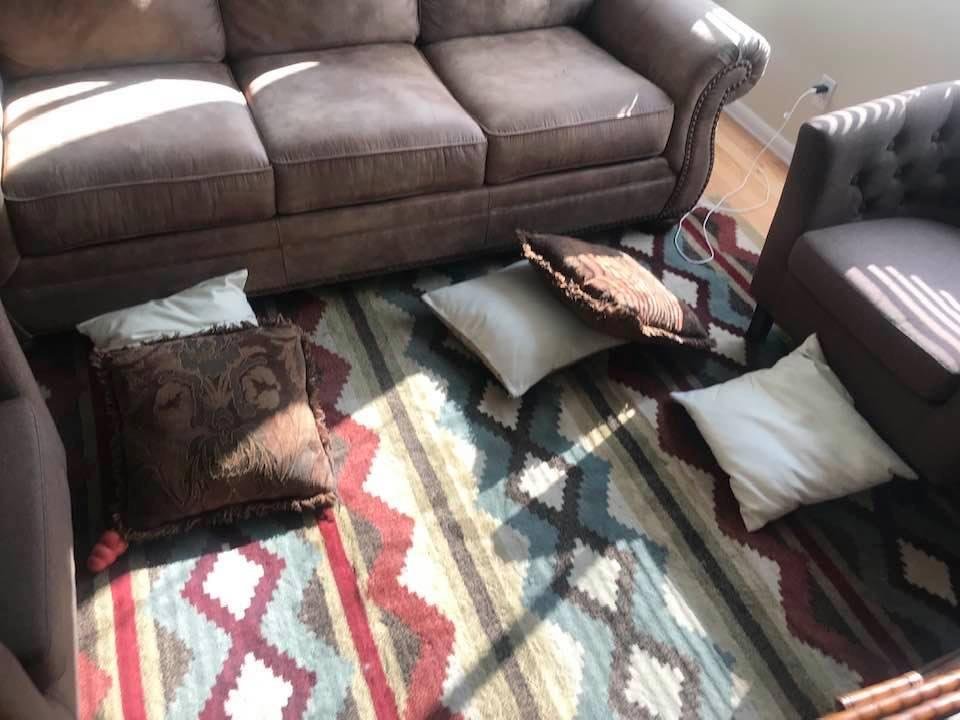Appears that Cooper has a problem with pillows, 5 of 6 on the floor when we came home.