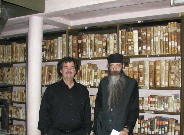 Father Justin, librarian at St. Catherine's Monastery, Mt. Sinai, Egypt, with Dan Wallace (2002)