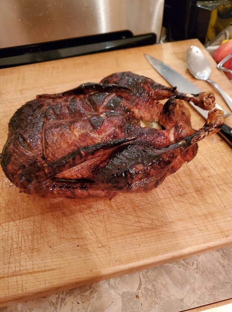 Unfortunately, I forgot to take a picture of the completed table, so you only get the duck still on the cutting board.
Had duck, garlic mashed potatoes, Brussels Sprouts with bacon, spinach salad, and both pumpkin and pecan