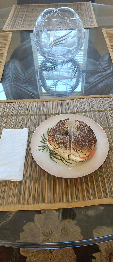 Lox and Bagel with cream cheese and tomato for lunch!!