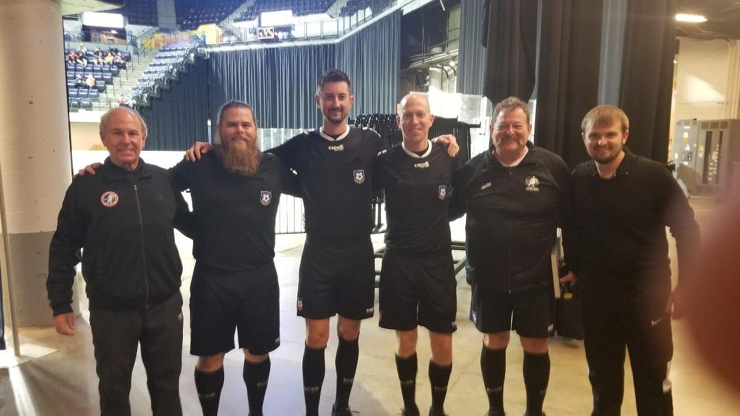 Referee crew for our Iowa Raptors indoor soccer team before match at the Alliant Powerhouse