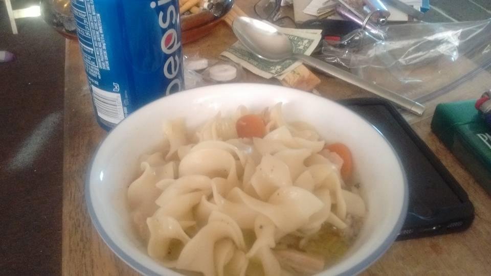 Chicken noodle soup, chicken noodle soup. Chicken noodle soup with a soda on the side.